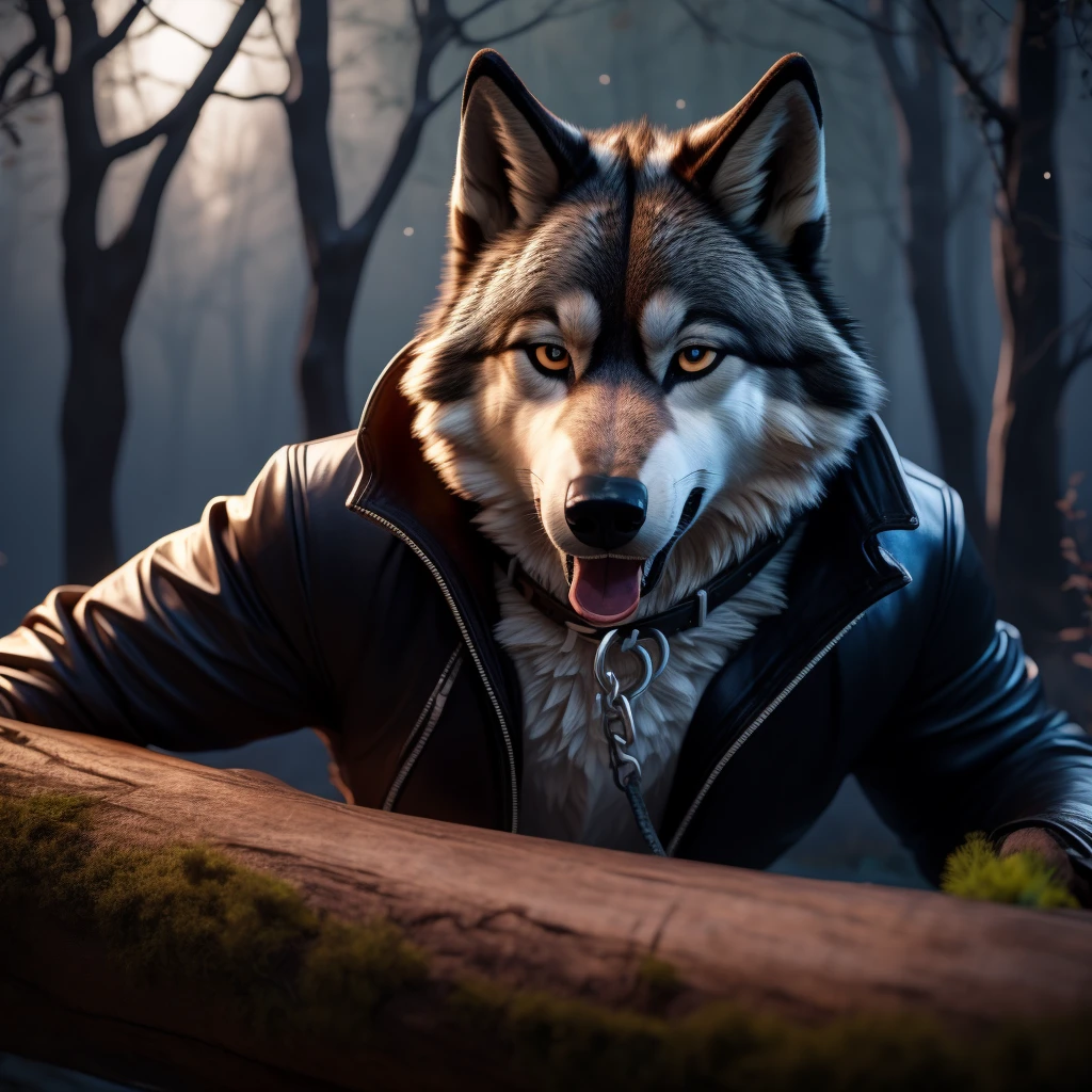 Sexy Posing, lying on log, Male, 30 years old, cute, eye liner, bedroom eye, mouth open with tongue hanging out, black leather jacket, anthro, wolf ears, (black fur:1.5), wolf, forest background, 8k, hi res, (best quality, masterpiece), (wolf tail:1.5), detailed fur, solo, looking at camera, night, leashing and collar,