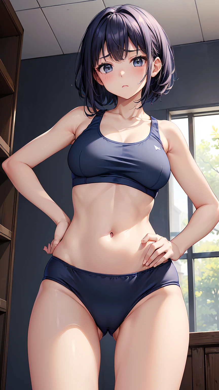 16K、masterpiece、High resolution、((18-year-old female))、Very large breasts、(((thin, Navy blue sports bra that fits snugly against the skin))、((紺くthinスポーツレギンス))、Captivating look、((Please put your hands on your hips))、Very close、Angle from below
