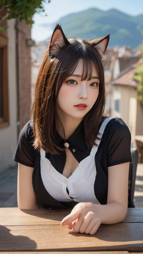 Tabletop, highest quality, figure, Very detailed, In detail, High resolution, 8k wallpaper, Perfect dynamic composition, Cat ear、Cat ear、Cat ear、Cute pose、Cute woman、Landscape of France、