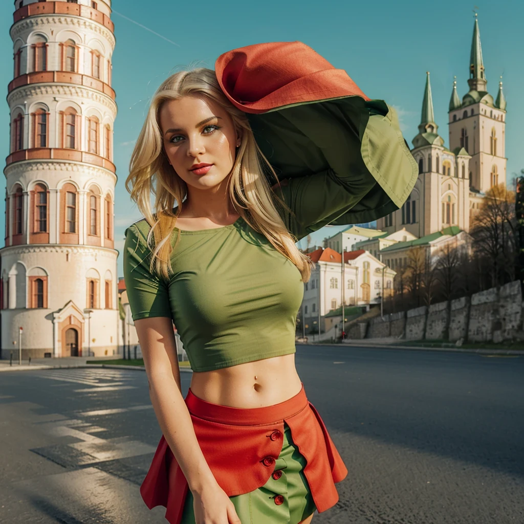 Lituania, pretty women blonde, ((In Vilnius City)), (((the Vilnius cathedrale tower))), (((wear a green top)), (((wear a red skirt))), ((hills of Vilnius behind))