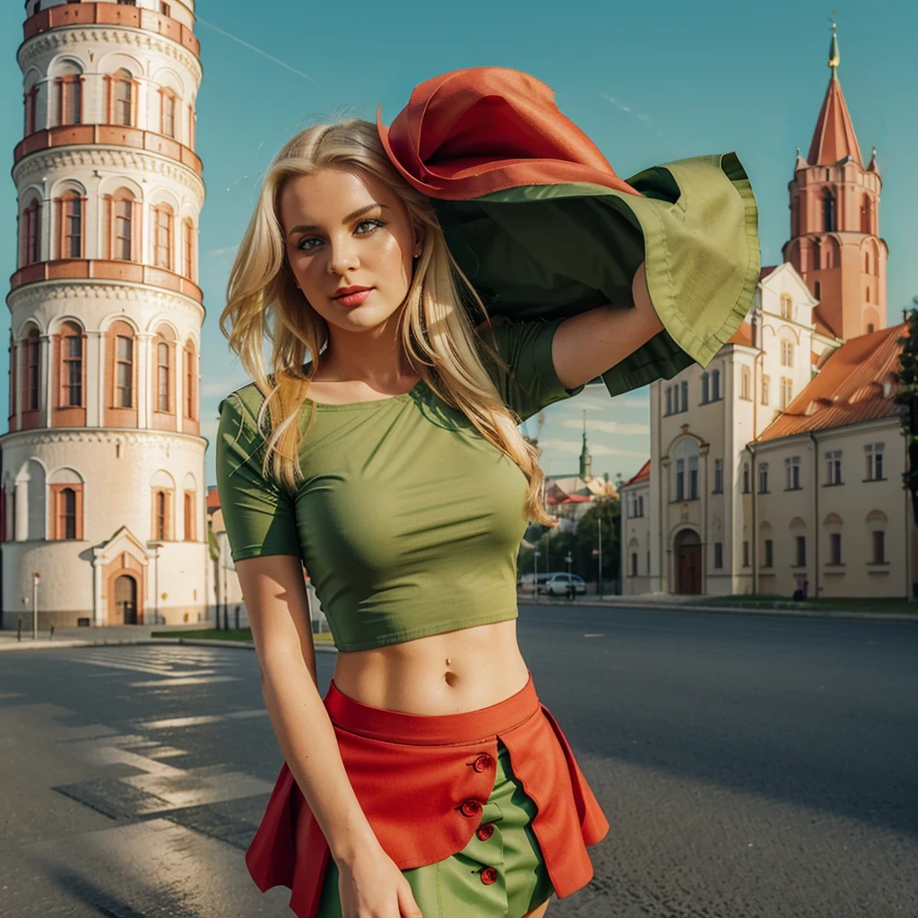 Lituania, pretty women blonde, ((In Vilnius City)), (((the Vilnius cathedrale tower))), (((wear a green top)), (((wear a red skirt))), ((hills of Vilnius behind))