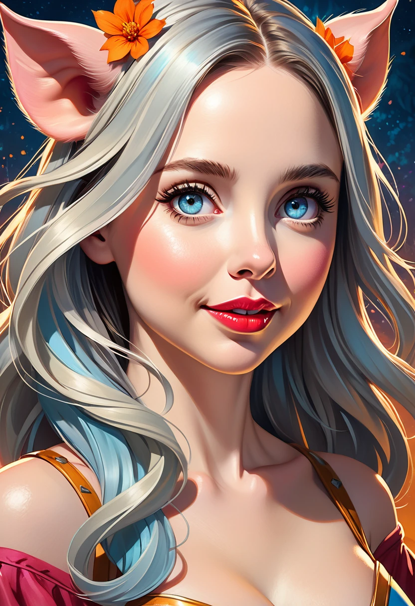 Create an illustrated, hand-drawn, full-color image of an humanoid, hybrid, anthropomorphic, sexy pig woman. The artwork should be rendered in the style of "Breath of the Wild," featuring warm lighting and shadows. Include graphite shading, stencil marks, and airbrushed acrylic paint effects. The image should be of the highest quality, a masterpiece with intricate details. pig nose, pig ears. The pig woman should have a female, humanoid, appearance. She should have luscious lips, a wide smile, and bright, expressive eyes, exuding beauty, cuteness, and adorableness. Ensure the image is high resolution and sharply detailed, with a detailed and vibrant background. Scarlett Johanson, Alison Brie, Dove Cameron Incorporate mystical lighting in the background, creating a romantic and enchanting atmosphere.