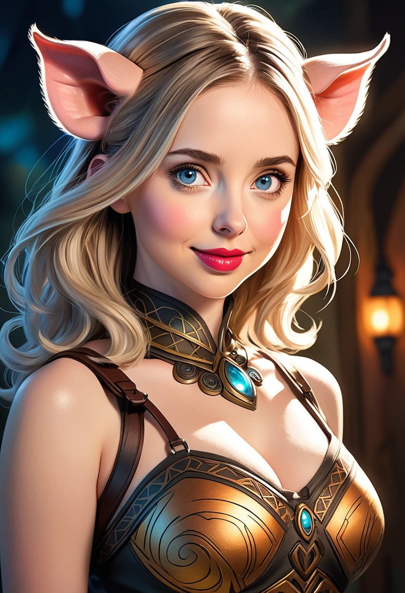 Create an illustrated, hand-drawn, full-color image of an  humanoid, hybrid, anthropomorphic,  sexy pig woman. The artwork should be rendered in the style of "Breath of the Wild," featuring warm lighting and shadows. Include graphite shading, stencil marks, and airbrushed acrylic paint effects. The image should be of the highest quality, a masterpiece with intricate details.

The pig woman should have a female, humanoid, appearance. She should have luscious lips, a wide smile, and bright, expressive eyes, exuding beauty, cuteness, and adorableness. Ensure the image is high resolution and sharply detailed, with a detailed and vibrant background. Scarlett Johanson, Alison Brie, Dove Cameron

Incorporate mystical lighting in the background, creating a romantic and enchanting atmosphere.
