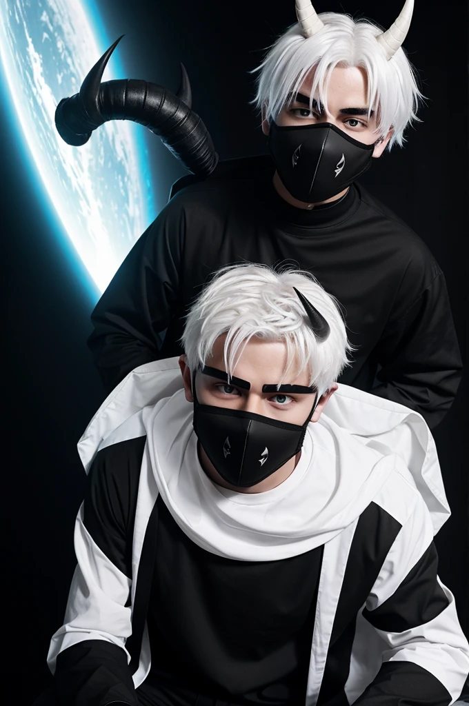 White haired boy, He wears a mask on his face with black lines that falls from his eyes to the top., the mask has protruding horns, He wears a black long-sleeved shirt, a black hole that is decorated with 4 lines, has black claws, Black pants, with black shoes