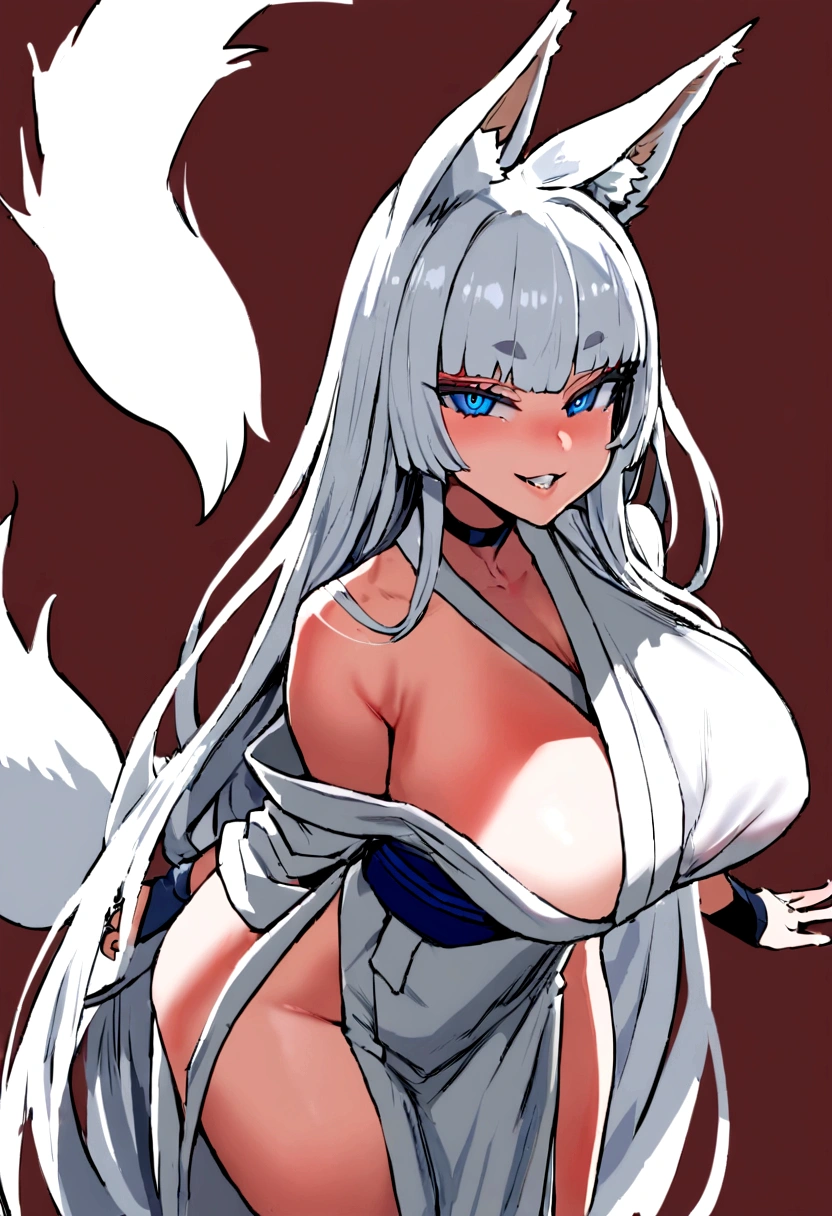 masterpiece, best quality,  kitsune 1girl, solo, beautiful kitsune woman, fox ears, bangs, white hair, very long hair, blue eyes, grin, , black choker, shoulderless kimono, white kimono, long kimono, blue sash, 5 fox tails, white hair, looking at viewer   