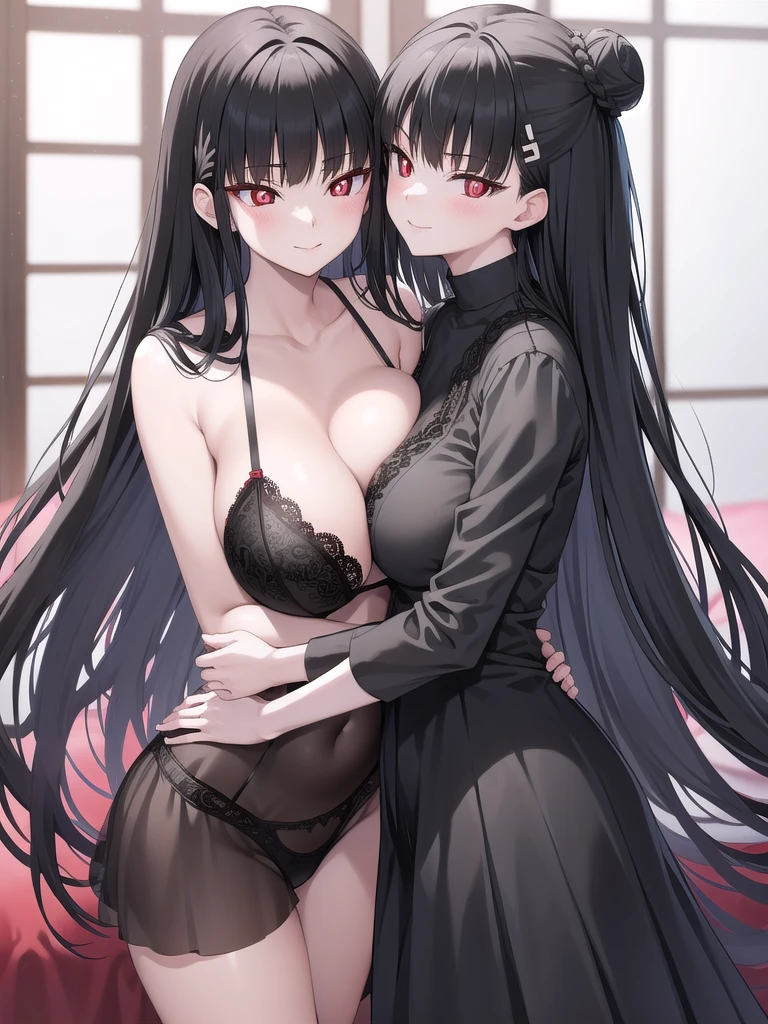 Rivertsukatsuki, River, black hair, (red eyes:1.5), Bun Hair、Extremely large (4700)、 Lace Lingerie、 girl with long black hair and long grey hair、Twins hugging、smile
