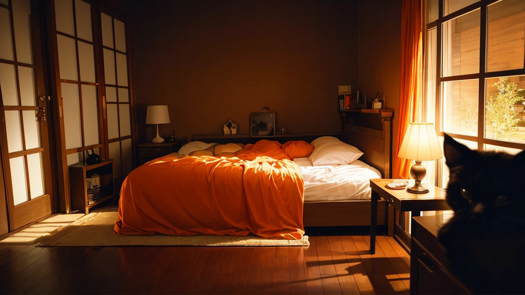 night、for sleeping、Highest quality、Inside the room、Sleeping girl、ephemeral、There is always a black cat somewhere in the room looking outside、Lofi Music、Fantasy、to become sad、relax、Healing、The room is dark、The orange lamp lights up gently、The background is a large proportion、Dark Room