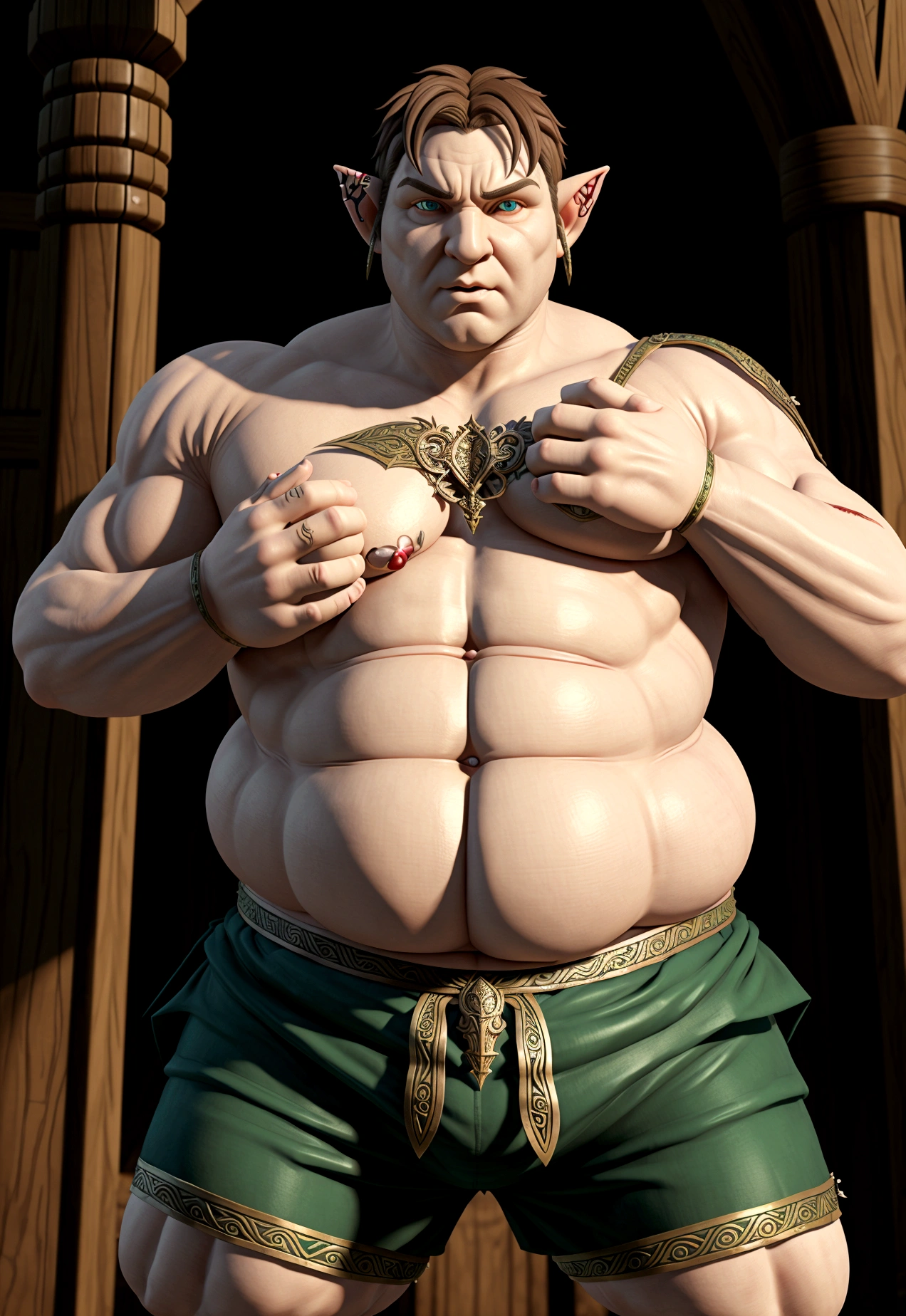 a male elf, eyes, pointy ears, erected, BIG VERY FAT stomach, dominant, head up, strong and fleshy upper body, lines of movement. ultra detailed, shorts, belly button