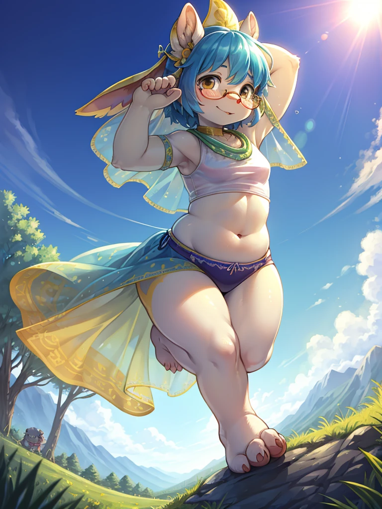 Hallucination , (ugly geek Sow) , (butterface) , relaxed Fluttering white thin huge fabric , Dancing on the top of hill , halation , Strong sunlight , The fabric is see-through, so your skin is visible , Divine Light , morning dew