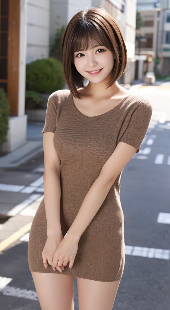 young,short hair,droopy eyes,brown hair,short bangs,alone,high quality,beautiful skin,japanese,brown short sleeve dress,park,smile