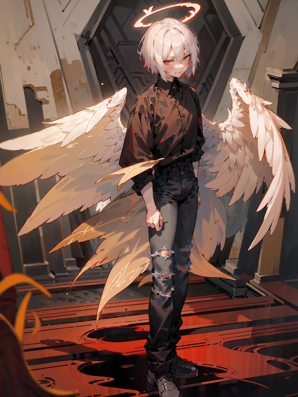 1male, Adult, Two Tone Hair, Crimson and White Hair, Short Hair, Undercut Hair, Red Angel Halo, Black Angel Wings, Golden Eyes, Smirk, Black Flannel Shirt, Black Ripped Jeans, Standing On Path
