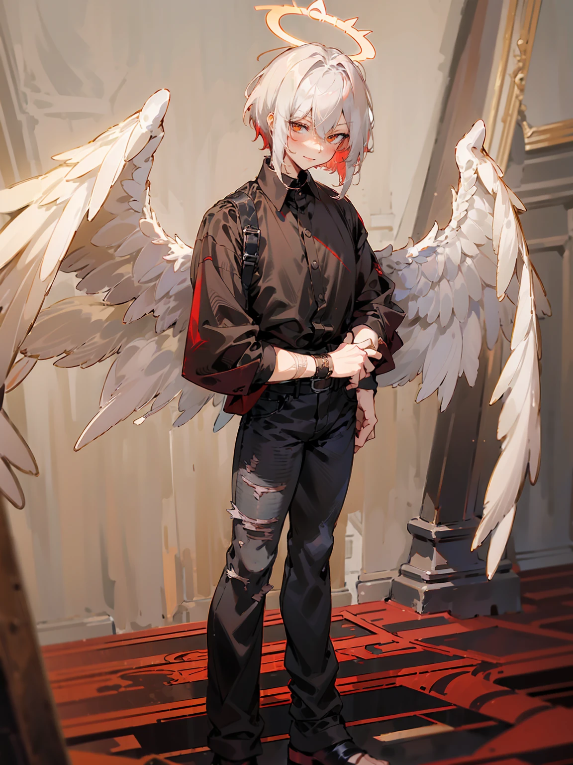 1male, Adult, Two Tone Hair, Crimson and White Hair, Short Hair, Undercut Hair, Red Angel Halo, Black Angel Wings, Golden Eyes, Smirk, Black Flannel Shirt, Black Ripped Jeans, Standing On Path