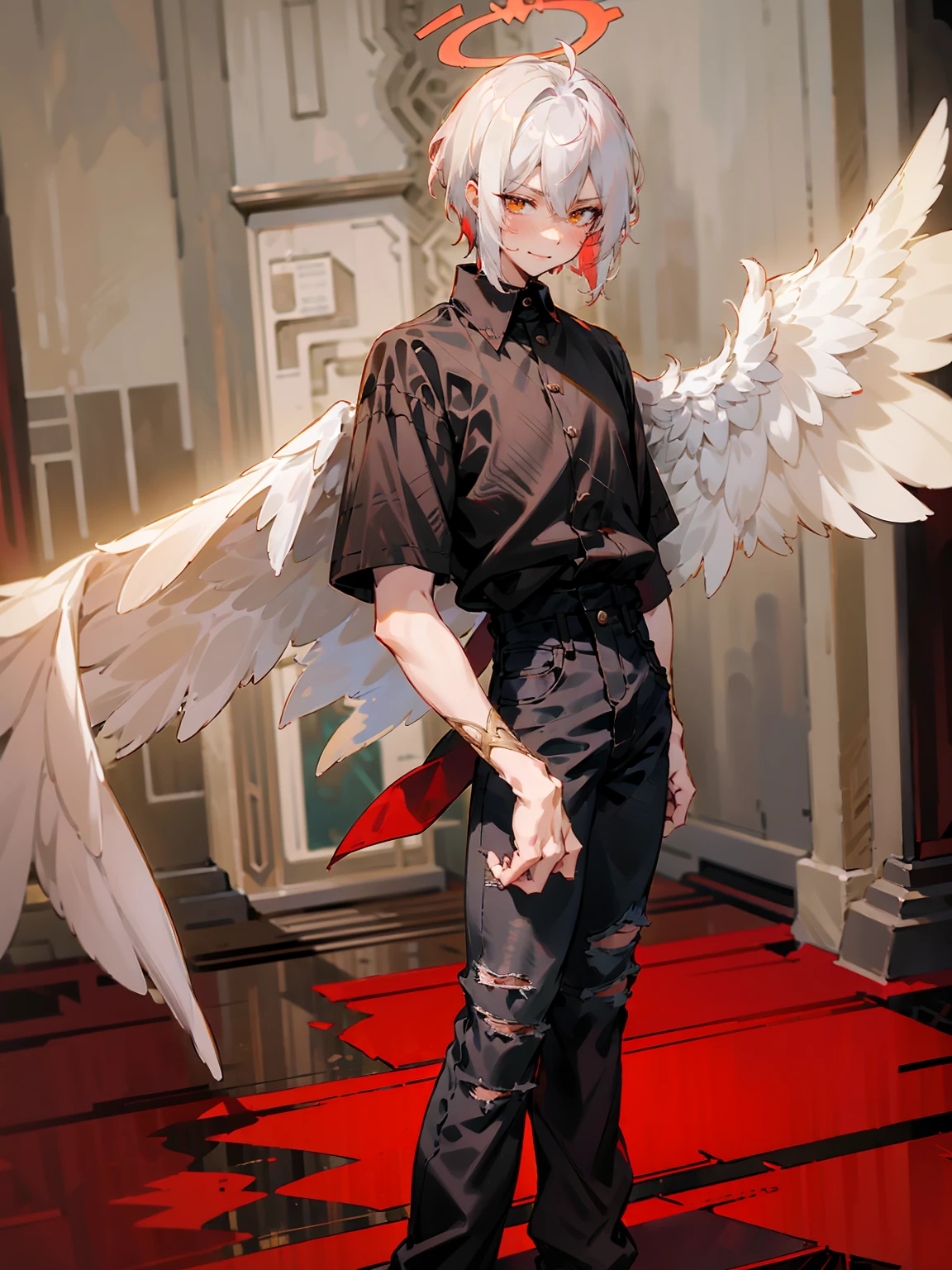 1male, Adult, Two Tone Hair, Crimson and White Hair, Short Hair, Undercut Hair, Red Angel Halo, Black Angel Wings, Golden Eyes, Smirk, Black Flannel Shirt, Black Ripped Jeans, Standing On Path