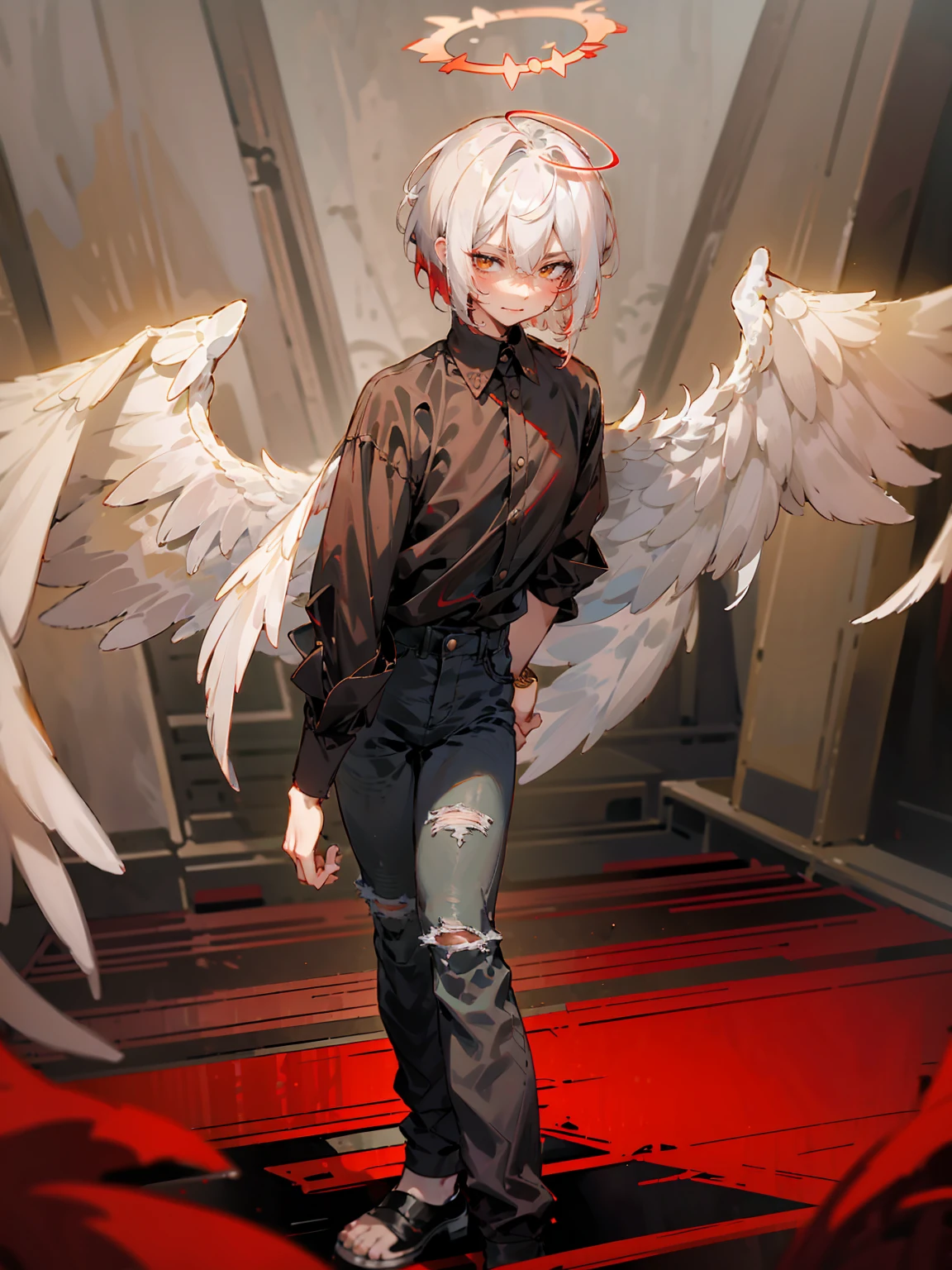 1male, Adult, Two Tone Hair, Crimson and White Hair, Short Hair, Undercut Hair, Red Angel Halo, Black Angel Wings, Golden Eyes, Smirk, Black Flannel Shirt, Black Ripped Jeans, Standing On Path