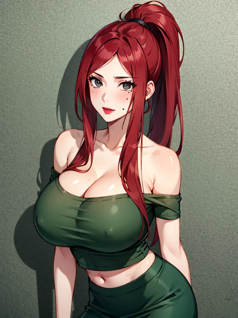 Uzumaki_kushina,huge breasts, beautiful face:1.3,butt hole,navel, cleavage ,bellybutton,off the shoulder:1.9,body facing front,full body shot,standing straight, short greenskirt,black t-shirt:off shoulder,green shirt ,single mole on chest,red lipstick,single mole on lip,ponytail