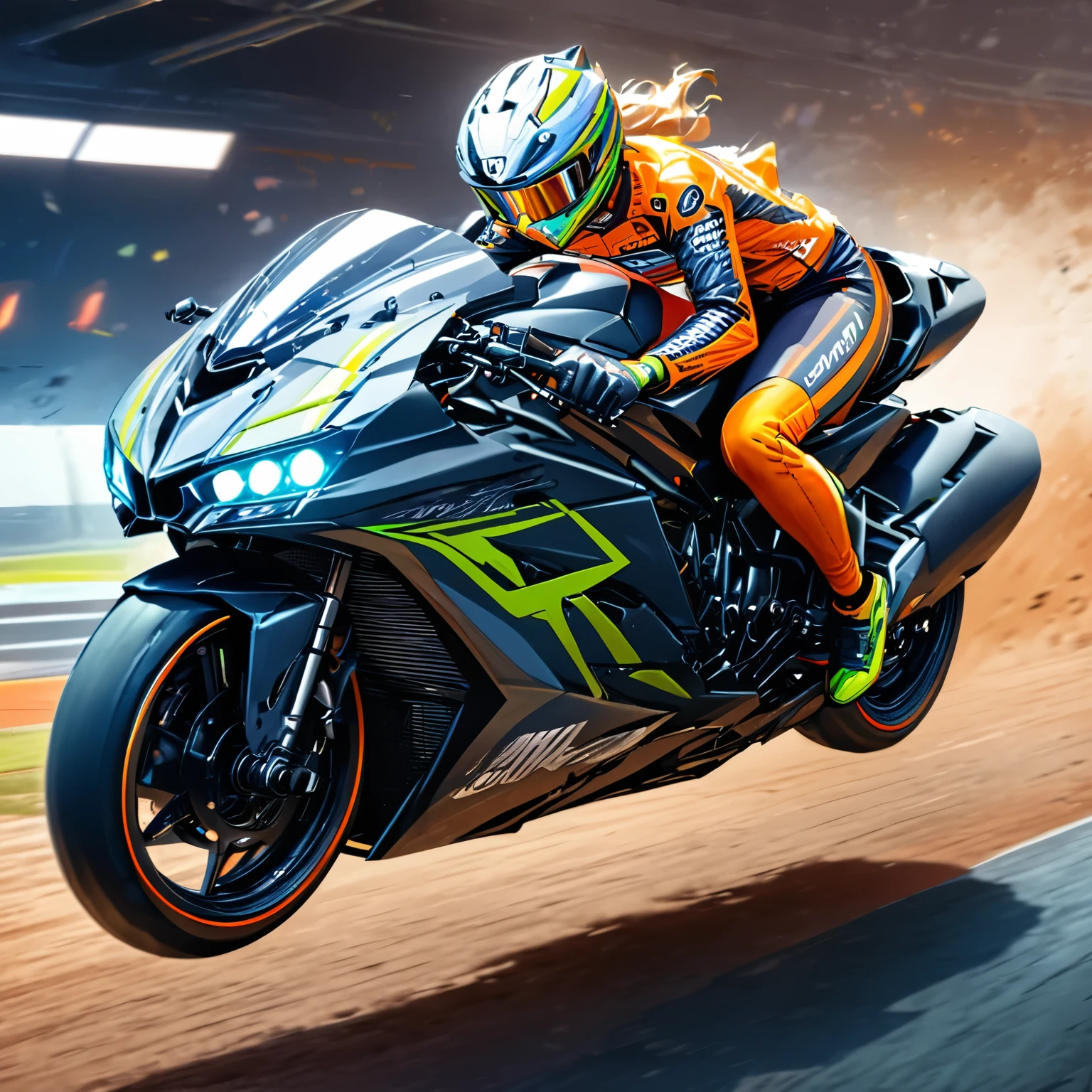 (best quality,8k,highres, masterpiece:1.2), ultra-detailed, HDR, UHD, studio lighting, ultra-fine painting, sharp focus, physically-based rendering, extreme detail description, professional, vivid colors, bokeh, portraits, concept artists, warm color palette, dramatic lighting,Circuit track, running bike, racer riding motorcycle, concentration line, auto racing,Intense exhaust fumes