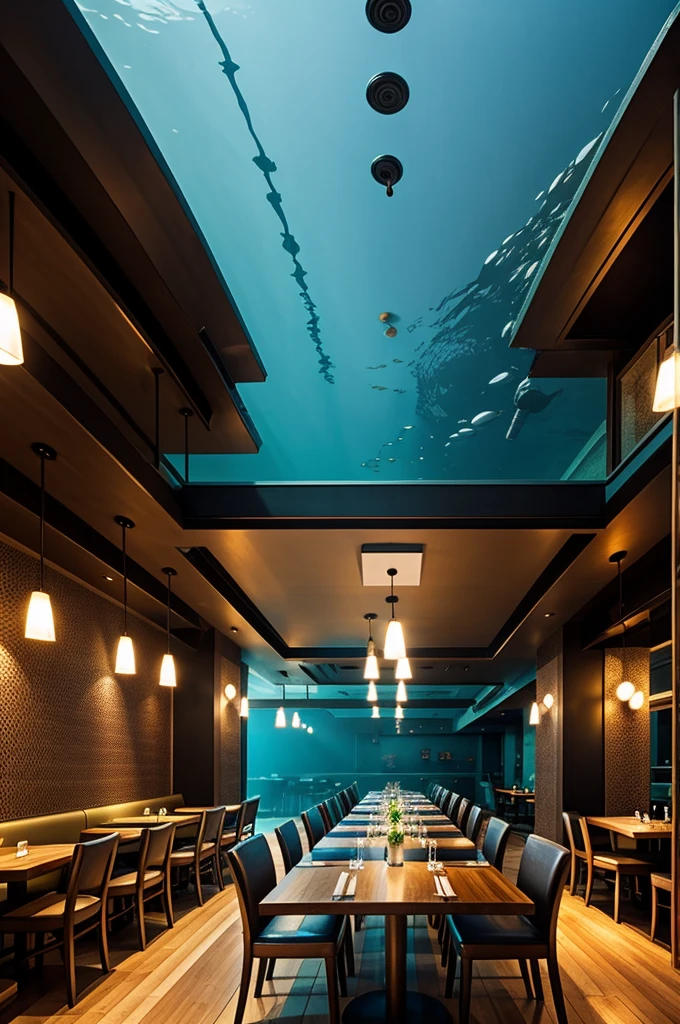 Interior of a restaurant under water with two vanishing points 