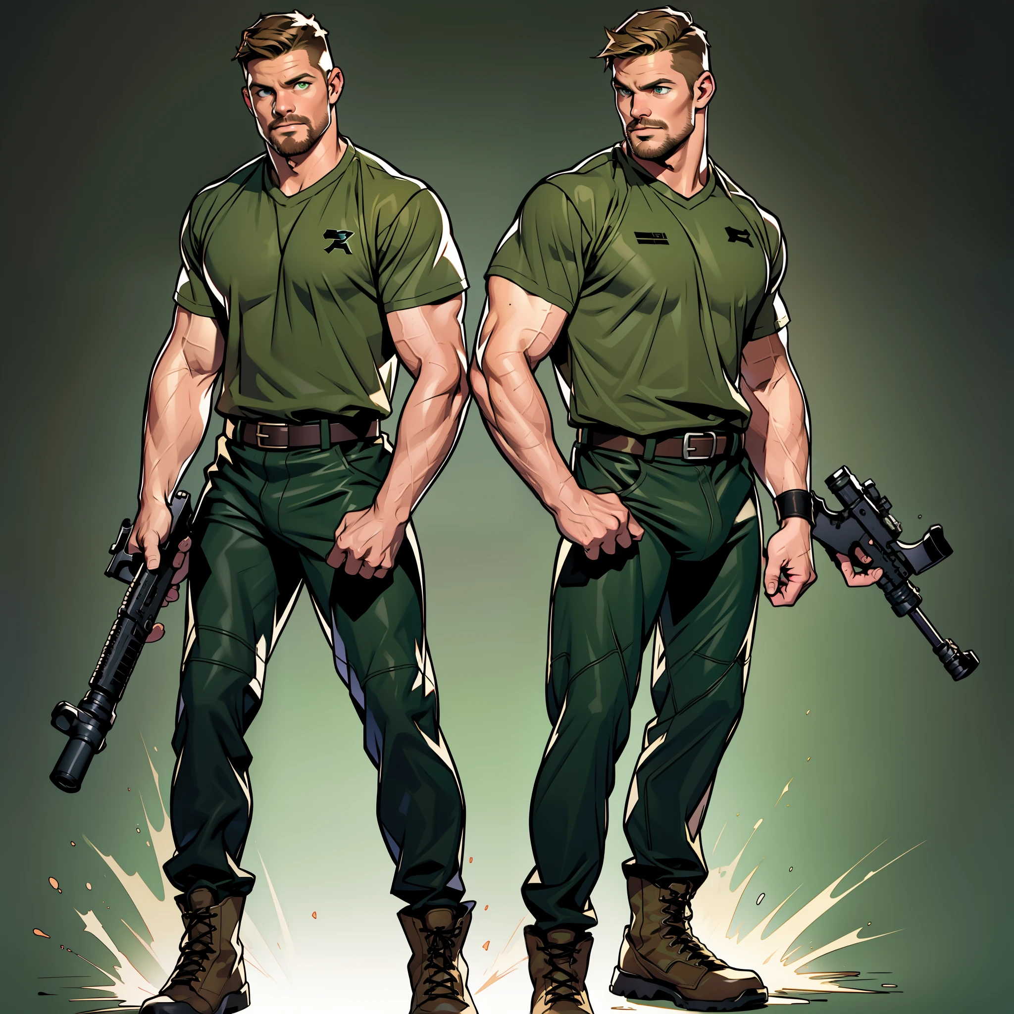 1 man, male focus solo, middle aged man,Stephen AMELL as an army man,  lean muscle,dark green T shirt, brown leather belt and boots, green(( camouflage tactical pants)) with ((big bulge)), full body shot, dark blond  short hair, well groomed facial hair, holding a gun with one hand, (gun:1.2), ultra high quality, masterpiece, ,( intense splashed of dark green  and brown paint in the blackground)