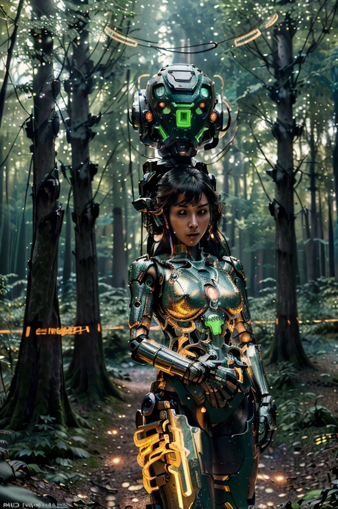 (( Futuristic robotic tenderly cradling a naked woman out of a mysterious forest)), carry, blush, 1robot, 1girl, smirk, bangs, breasts, shirt, long sleeves, pants, looking at another,(( Futuristic robotic tenderly cradling a naked woman out of a mysterious forest)),(( the metal android is shown with intricate metallic details and robotic skeleton head, neon tubes, neon cables connected to the robot's neck, in a mystical forest clearing, detailed rendering captures the intensity of the moment, with dynamic lighting adding an element of drama, highly detailed rendering with dramatic lighting and atmospheric effects, Digital artwork, Resolution: 4k, cinematic view, (best quality:1.2), (masterpiece:1.3), (high resolution:1.3), 