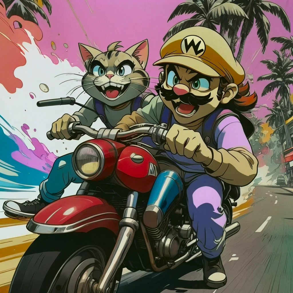 duo top cat and wario riding motorcycles, comic cinematic poster, image within image, multiple exposure, massive scale, rich color grading for shading depth, hand drawn rotoscope cartoon realism, chiaroscuro lighting, mixed media, vintage comic, retro original design, 1990's comic set in 1960's, sense of movement and energy, tropical rot, rewilding, (full roygbiv color) ink, VHS, glitch, distorted, nostalgia, 90's retro vibes, analog tape, vcr aesthetics, tv, television, hand drawn, (full roygbiv color) ink charcoal expressive illustration, no light source, darkness, light mask uv rays across face, splash page