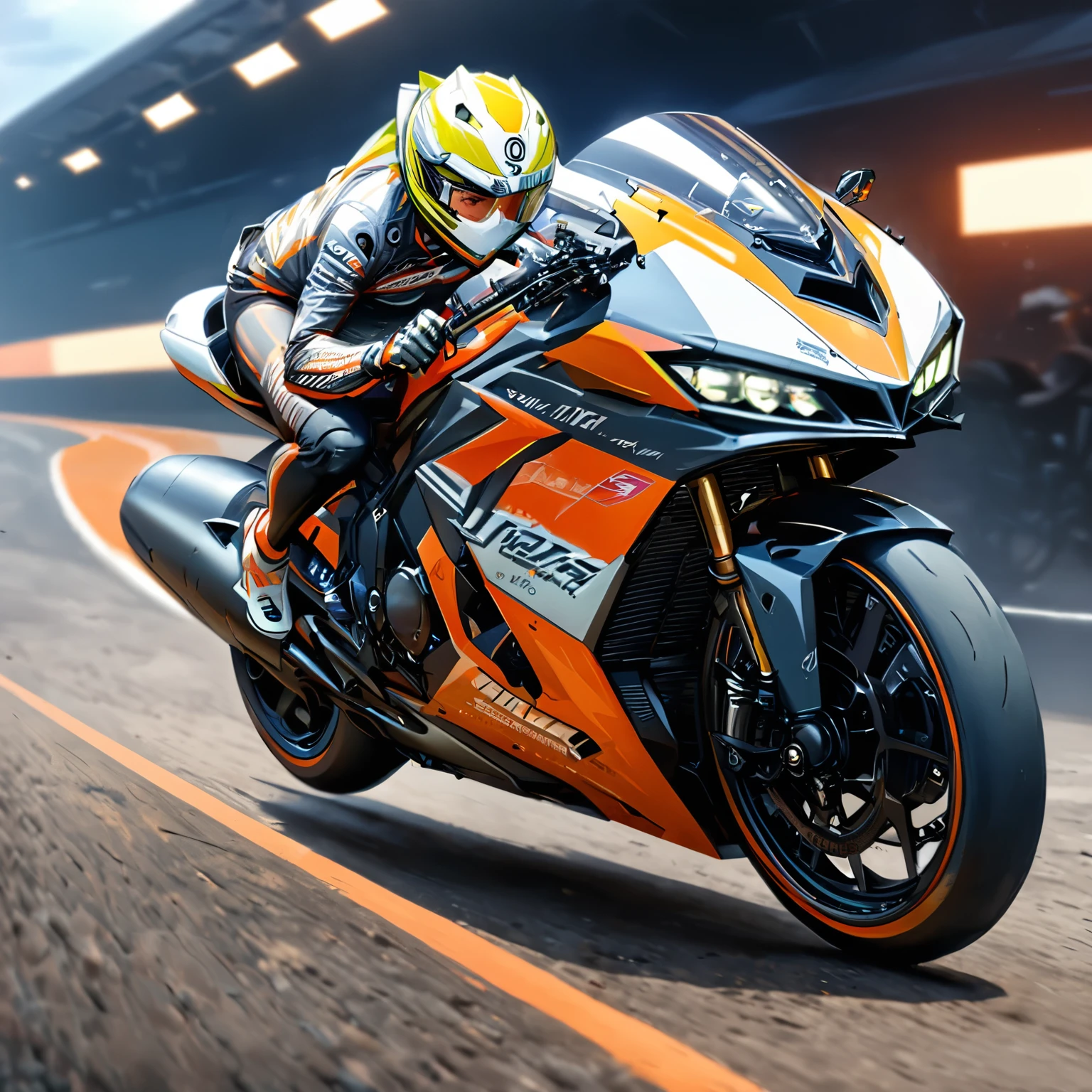 (best quality,8k,highres, masterpiece:1.2), ultra-detailed, HDR, UHD, studio lighting, ultra-fine painting, sharp focus, physically-based rendering, extreme detail description, professional, vivid colors, bokeh, portraits, concept artists, warm color palette, dramatic lighting,Circuit track, running bike, racer riding motorcycle, concentration line, auto racing,Intense exhaust fumes