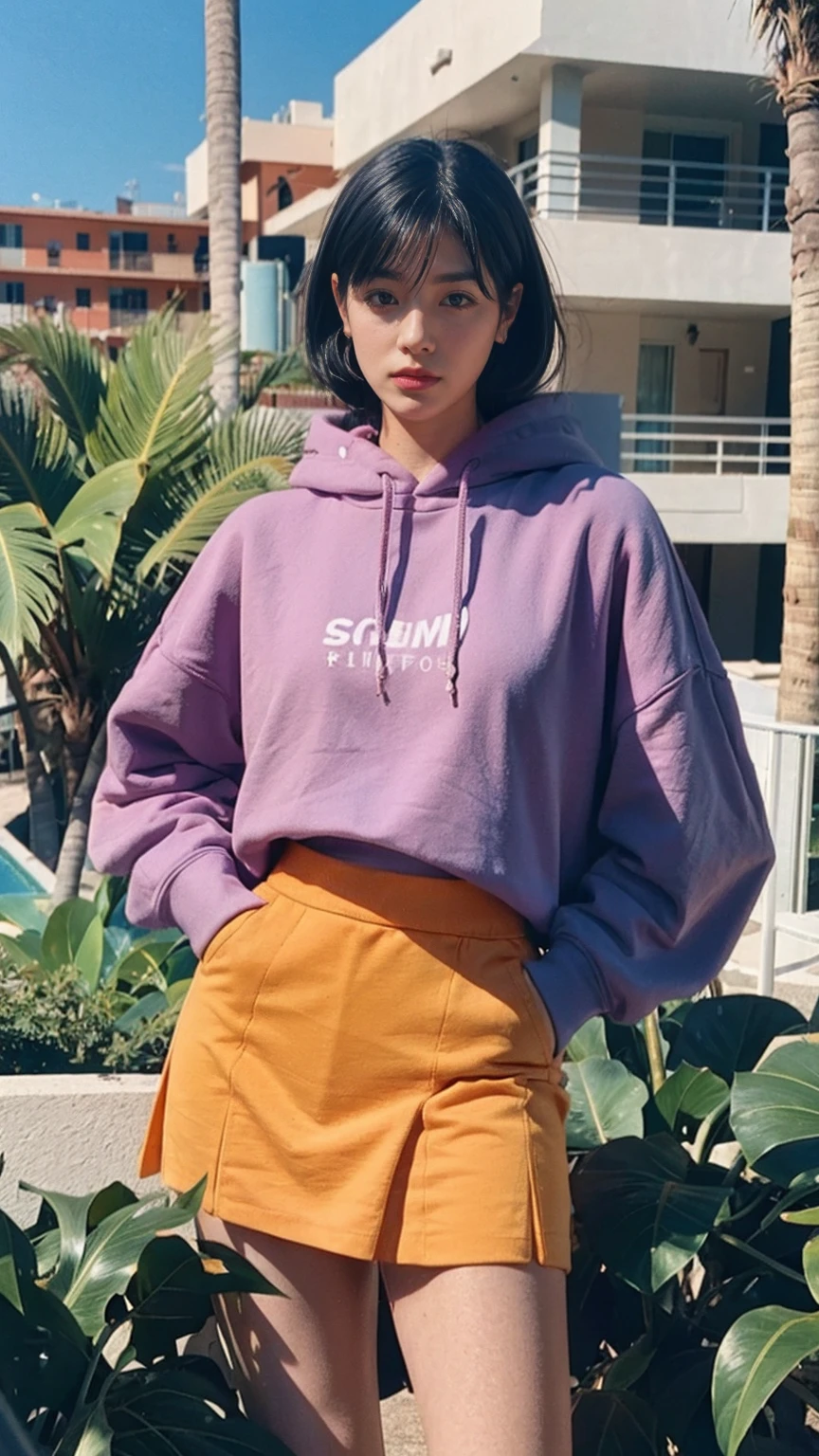portrait of a serious 23 yo girl, plum body ,wear ((orange color oversized hoodie)), wear ((purple tennis skirt)),looking front,Best Quality,Masterpiece,Ultra High Resolution,(Realisticity:1.4),Original Photo, 1Girl, light leak,ultra high resolution,UHD,beautiful, (black bob hair), almond eye, no makeup, in front of (80's mondrian architecture motel), (realistic:1.2), (surreal:1.3), (very detailed:1.1), ((masterpiece)),summer, blue sky, palm trees,sunny, los angles vibes,film camera, 800mm lens,style of Philip Lorca diCorcia