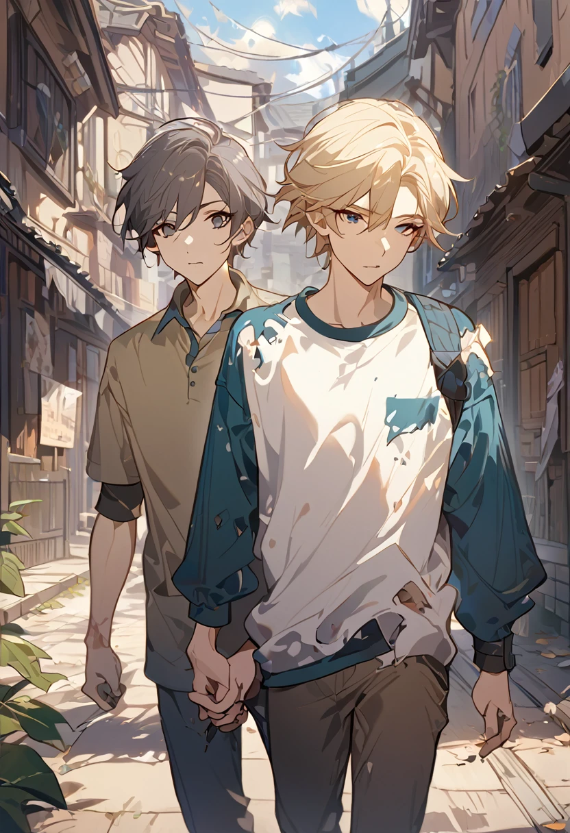 masterpiece, best quality, 8k ,4k, 2 boys, elf boys, long ears elf, twin elf, (one boy dark grayish hair with dark greenish eyes, torn and worn out clothes, thin body), (one boy light blond hair with dark bluish eyes, clean and neat clothes), stand side by side, holding hand, inspired by Asukaziye artist : ask, art style : ask