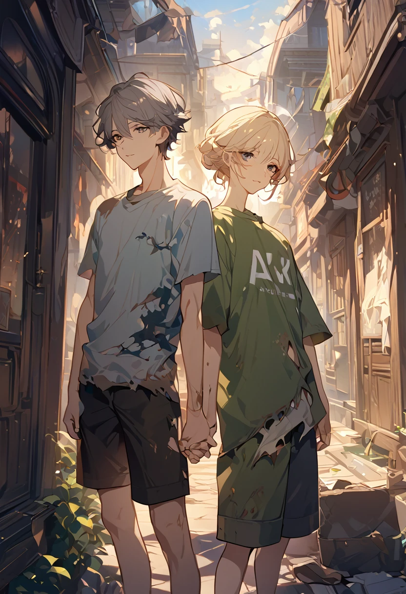 masterpiece, best quality, 8k ,4k, 2 boys, elf boys, long ears elf, twin elf, (one boy dark grayish hair with dark greenish eyes, torn and worn out clothes, thin body), (one boy light blond hair with dark bluish eyes, clean and neat clothes), stand side by side, holding hand, inspired by Asukaziye artist : ask, art style : ask