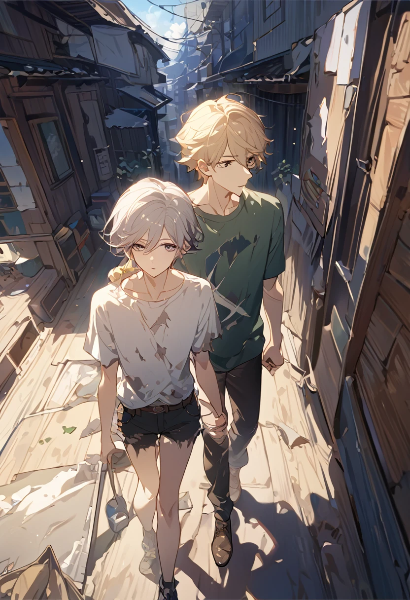 masterpiece, best quality, 8k ,4k, 2 boys, elf boys, long ears elf, twin elf, (one boy dark grayish hair with dark greenish eyes, torn and worn out clothes, thin body), (one boy light blond hair with dark bluish eyes, clean and neat clothes), stand side by side, holding hand, inspired by Asukaziye artist : ask, art style : ask