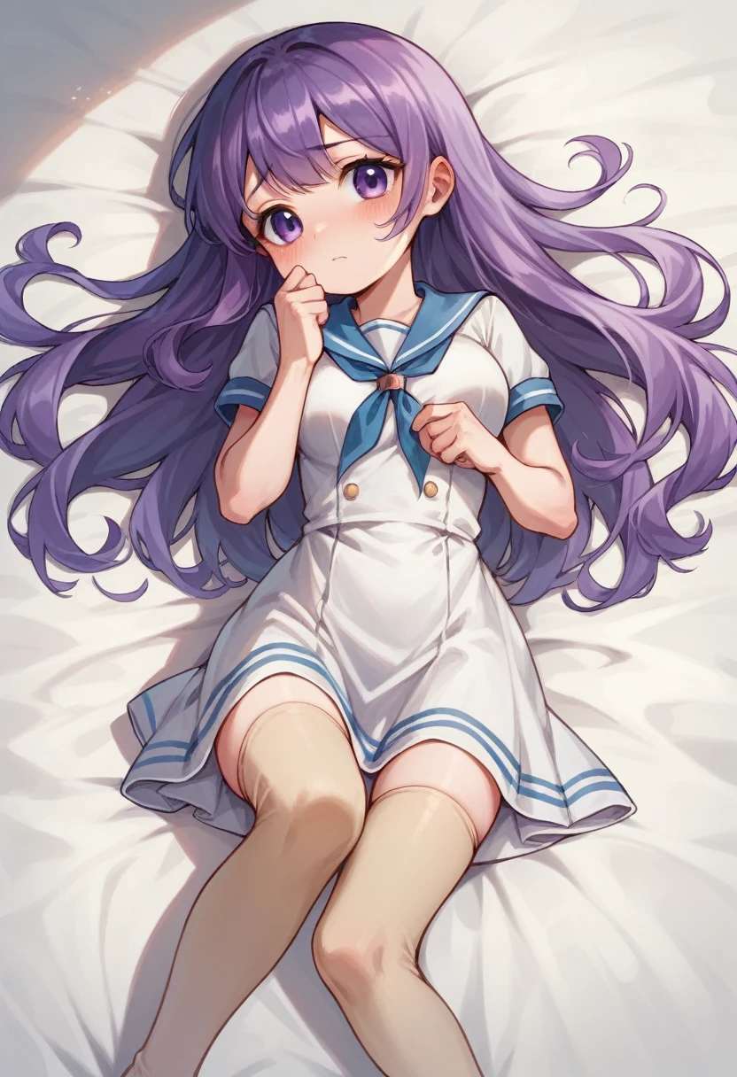 beige leggings,loli,sailor,dress,cute,lying,,purple hair,long hair,,shy,medium breasts
