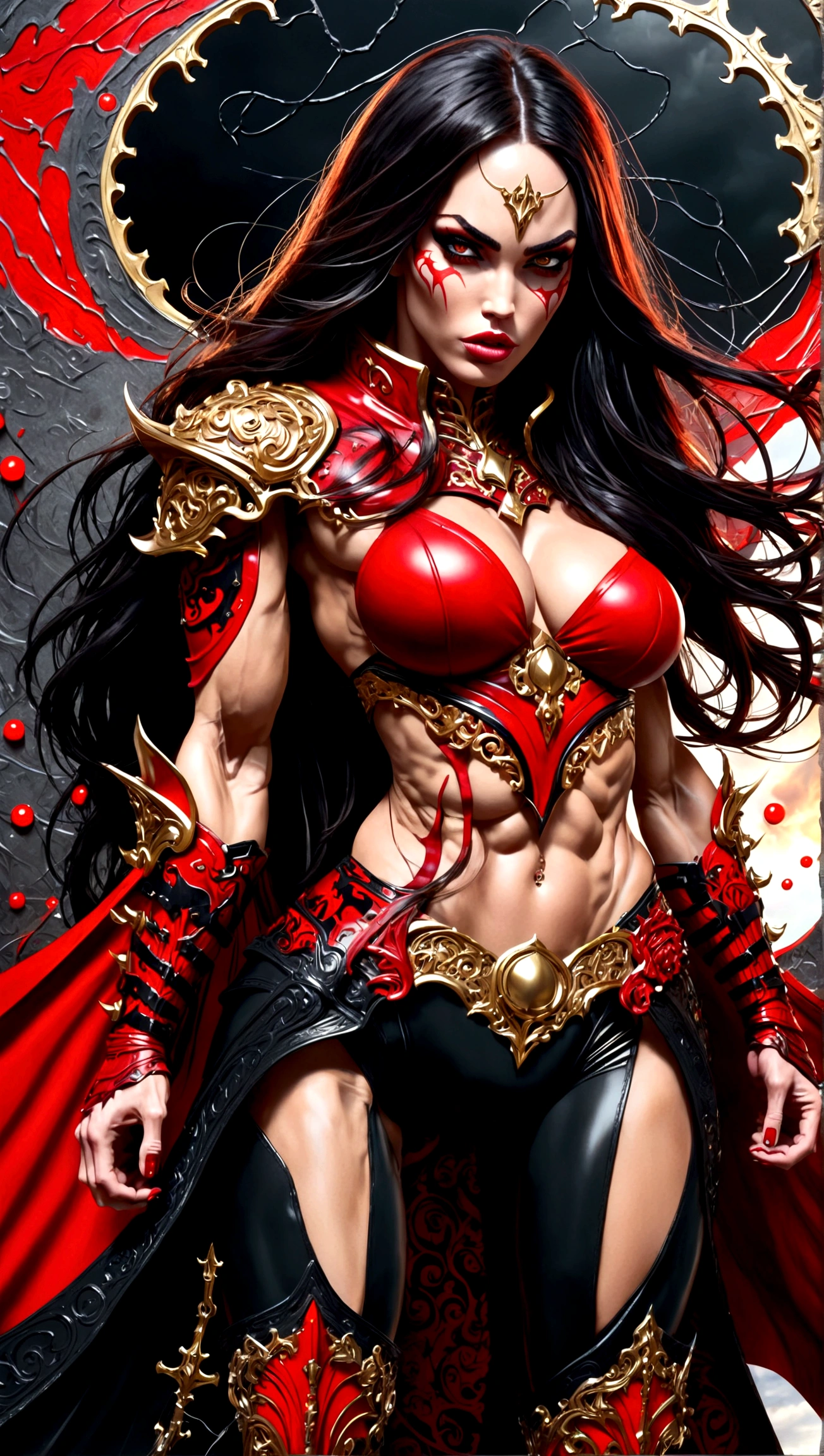 (megan fox:1.25), (muscular:1.5), (full body view:1.25), (red and black colors:1.46), (woman:1.1),(very muscular bodybuilder girl:1.25), (huge upper body:1.25), (narrow hips:1.0), long hair, (gothic intricate ornate vampiric armor:1.25), (gauntlets:1.0), (shoulder armor:1.1), ((tarot style frame:1.25)), (glowing red eyes:1.25), (huge muscular arms:1.5,), (10-pack abs:1.4), (lots of veins:1.25), (horror:1.0), (esoteric:1.1), (solo:1.4), (dynamic angle:1.0), (cowboy shot:1.0), thin legs, Realistic, Very detailed face and eyes, (masterpiece:1.1), (best quality:1.1), (ornate:1.1), (beautiful girl face:1.25)