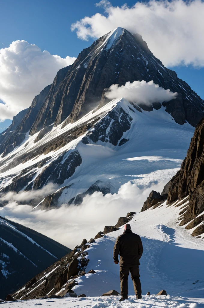 Bald man destroying a mountain by sneezing