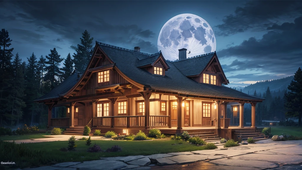 House with porch and porch on hill under full moon, Quiet wooden mansion, realistic fantasy render, Beautiful rendering, beautiful artist rendering, Luxury wooden cottage, House Background, Inspired by Terry Redlin, Unreal Engine ; Romantic Theme, Realistic fantasy illustration, Photorealistic Rendering, Background artwork, Night rendering, 8k high quality detailed art