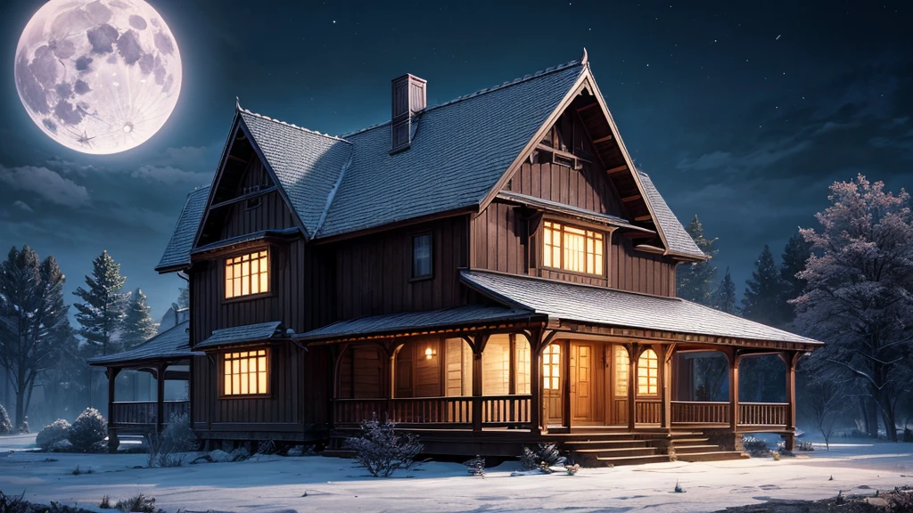 House with porch and porch on hill under full moon, Quiet wooden mansion, realistic fantasy render, Beautiful rendering, beautiful artist rendering, Luxury wooden cottage, House Background, Inspired by Terry Redlin, Unreal Engine ; Romantic Theme, Realistic fantasy illustration, Photorealistic Rendering, Background artwork, Night rendering, 8k high quality detailed art