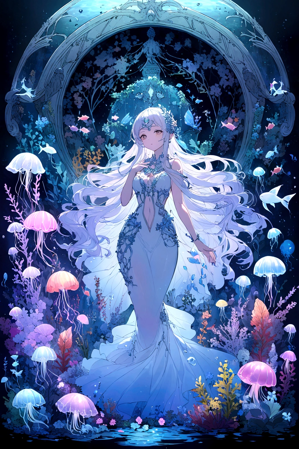 oil,Ocean,carefully,magic,Mysterious,(Ocean藻に抱かれた古代都市遺跡),Aquatic plants beautiful coral reef,Colorful fish swimming,Clear visibility,Ethereal atmosphere,Marble mermaid statue、Whispering Shell、Luminous jellyfish、Ancient symbols and words、惊人的美丽和古老的magic,Uncover the mysteries of the underwater world