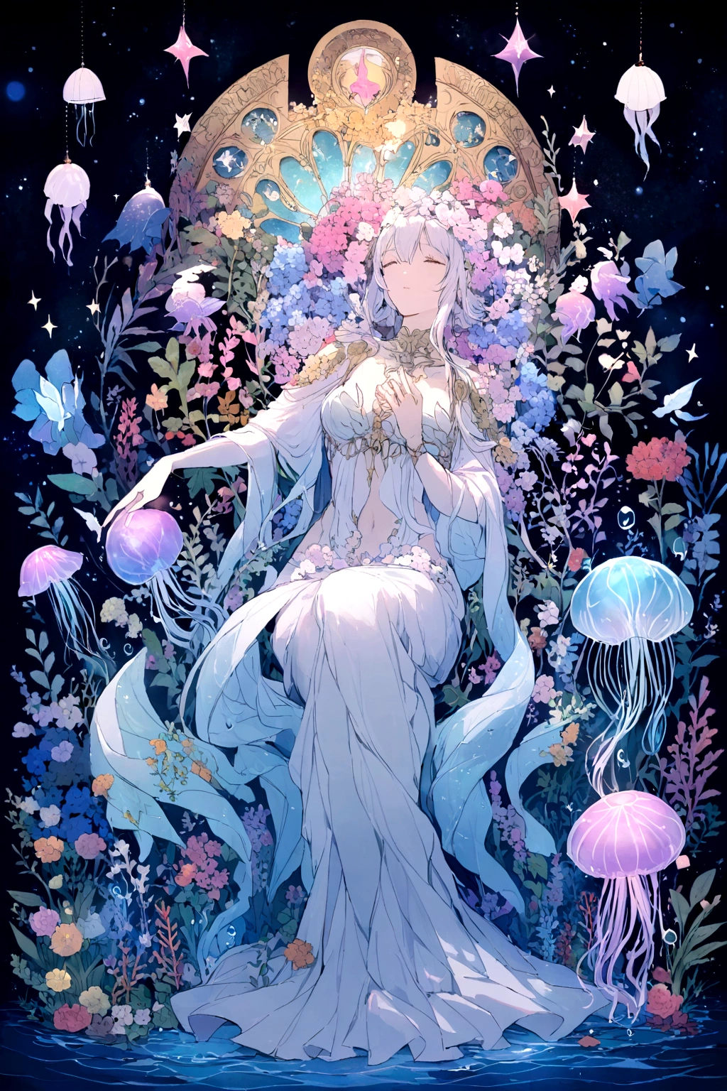 oil，Ocean，carefully，magic，Mysterious，(Ocean藻に抱かれた古代都市遺跡)，Aquatic plants beautiful coral reef，Colorful fish swimming，Clear visibility，Ethereal atmosphere，Marble mermaid statue、Whispering Shell、Luminous jellyfish、Ancient symbols and words、惊人的美丽和古老的magic，Uncover the mysteries of the underwater world