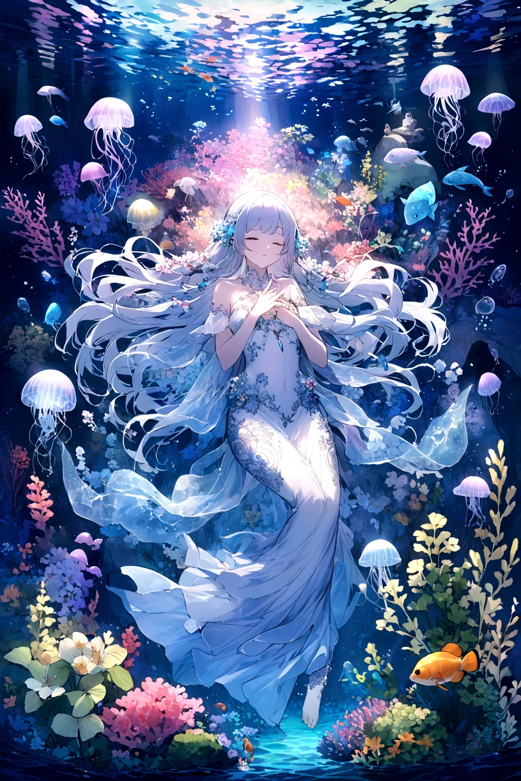 oil，Ocean，carefully，magic，Mysterious，(Ocean藻に抱かれた古代都市遺跡)，Aquatic plants beautiful coral reef，Colorful fish swimming，Clear visibility，Ethereal atmosphere，Marble mermaid statue、Whispering Shell、Luminous jellyfish、Ancient symbols and words、惊人的美丽和古老的magic，Uncover the mysteries of the underwater world