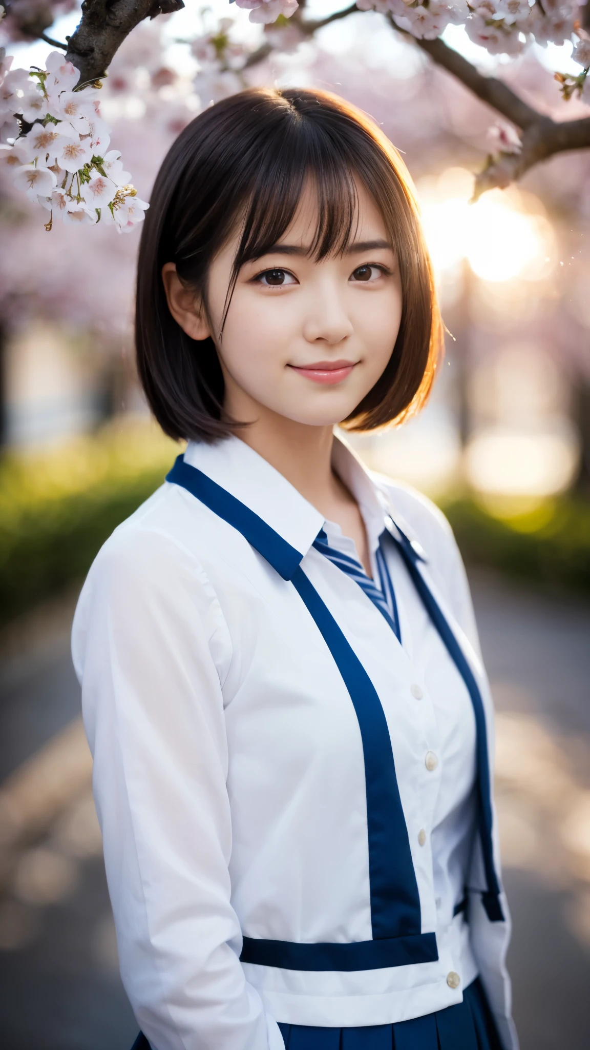 (Highest quality,masterpiece:1.3,Ultra-high resolution),(Very detailed,Caustics,8K),(Realistic:1.4,RAW shooting),1 Girl,(smile),(cherry blossomsを見上げる),18-year-old,cute,Japanese,Short black hair,(school uniform),glamorous,(big ),(Face Focus),street,cherry blossoms,Natural light,(Lens flare),Professional Writing,(Cowboy Shot),(bird's's point of view:1.2),(High position:1.4),(High Angle:1.4)