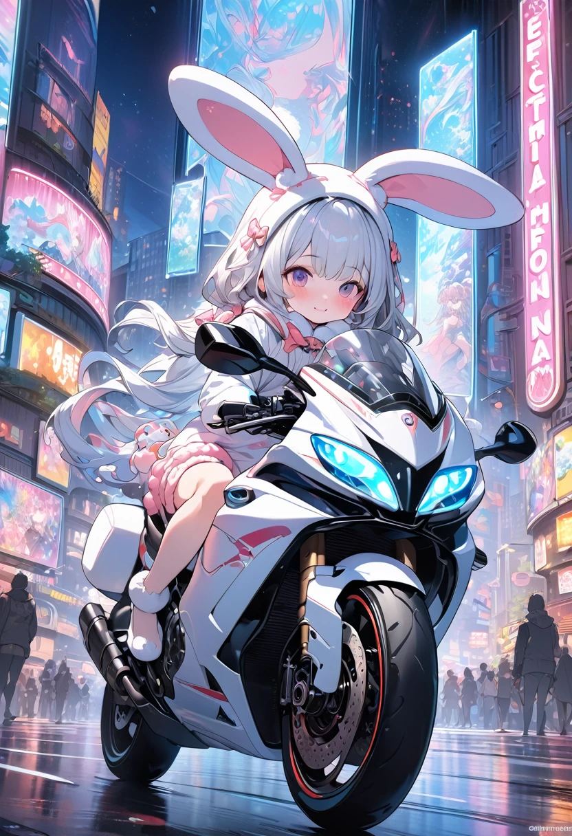 a liquid girl with twin-tailed hair wearing a cute fluffy rabbit costume, riding a large 1300cc class white motorcycle with american-style cowls on a night city road, surrounded by flowing neon lights, Cute pop expression, high resolution, clear images,(highly detailed, 4k, 8k, ultra-detailed:1.2), cinema lighting, physics-based, super fine view, masterpiece、High quality, high definition, high precision images,Ultra-fine painting, vivid colors,CG concept art, digital painting,