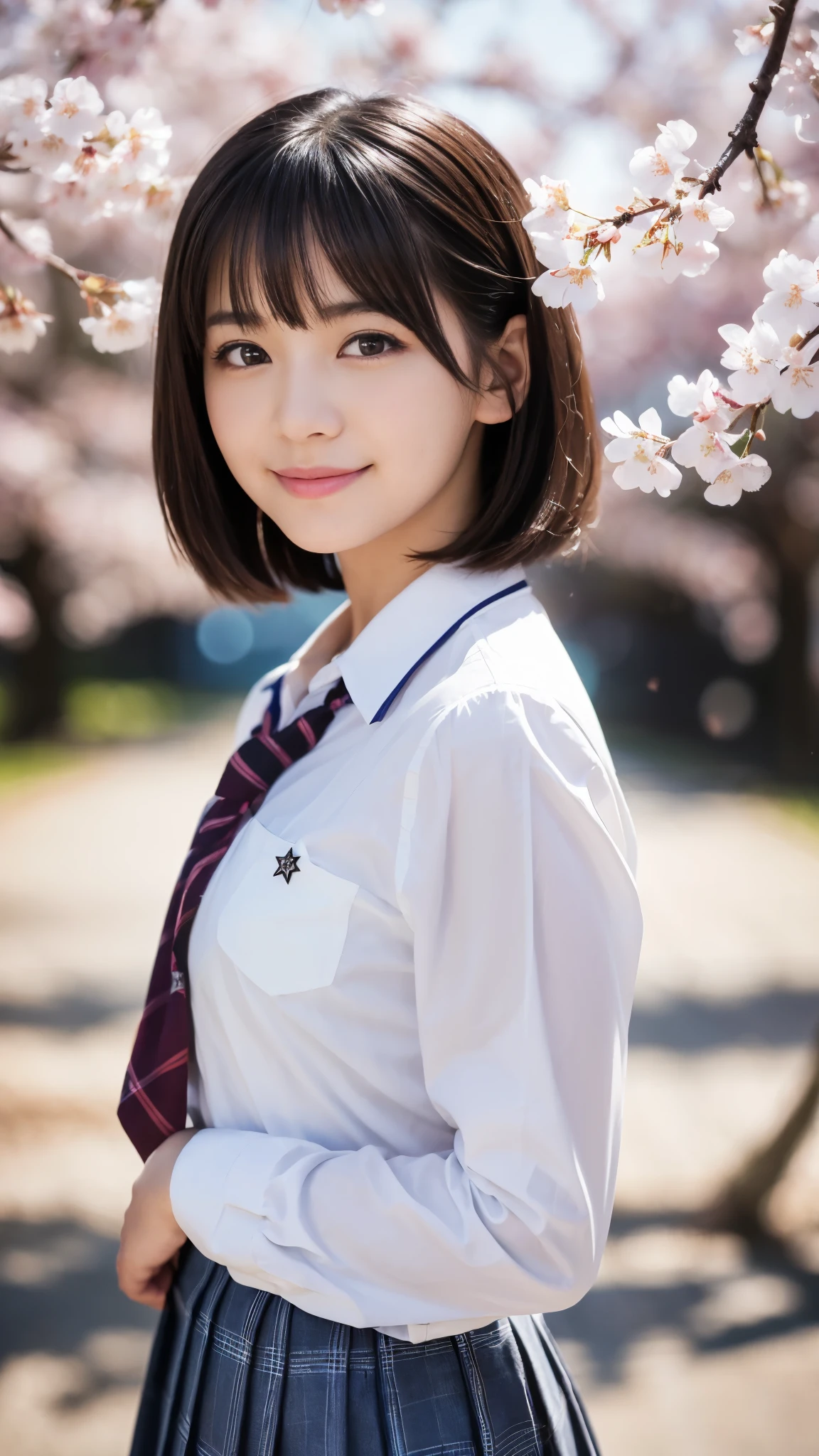 (Highest quality,masterpiece:1.3,Ultra-high resolution),(Very detailed,Caustics,8K),(Realistic:1.4,RAW shooting),1 Girl,(smile),(cherry blossomsを見上げる),18-year-old,cute,Japanese,Short black hair,(school uniform),glamorous,(big ),(Face Focus),street,cherry blossoms,Natural light,(Lens flare),Professional Writing,(Cowboy Shot),(bird's's point of view:1.2),(High position:1.4),(High Angle:1.4)