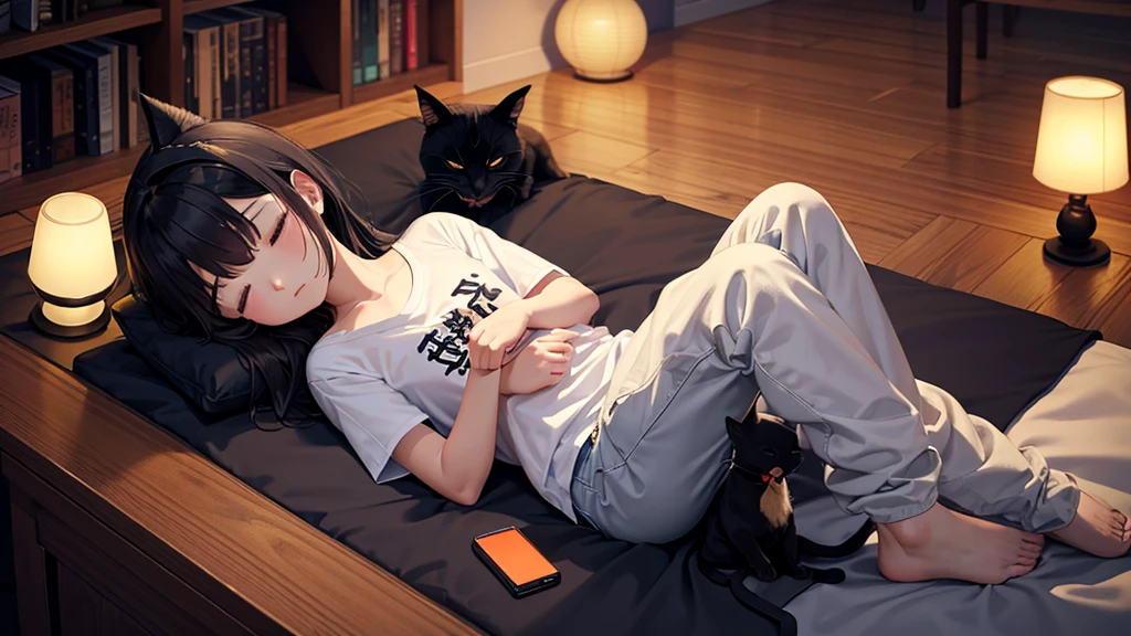 night、for sleeping、Highest quality、Inside the room、Sleeping girl、ephemeral、There is always a black cat somewhere in the room looking outside、Lofi Music、Fantasy、to become sad、relax、Healing、The room is dark、The orange lamp lights up gently、The background is a large proportion、Dark Room、Dobo Dabo T-shirt、Only pants underneath