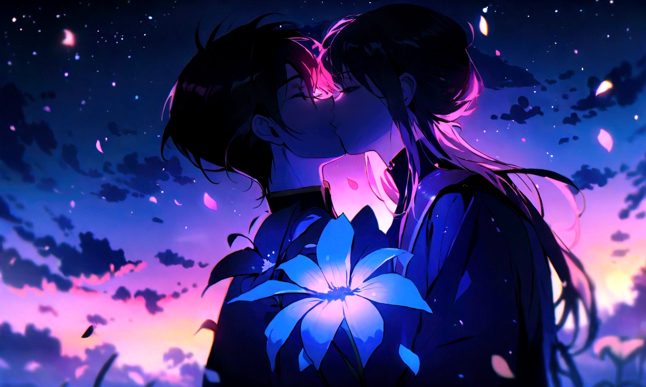 dream colors,tmasterpiece,the detail,starryskybackground,Clouds,Light and shadow effects,film effect,Rich in color,((A couple)),Embrace each other,((((In kissing)))),Petals rained down,Full moon night,Blooming with flowers,blurryforeground,Depth of field effect,A half body