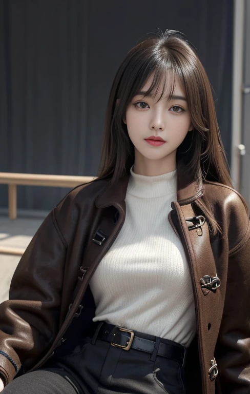 masterpiece, 1 beautiful girl, detailed, swollen eyes, Top quality, 超high resolution, (Reality: 1.4), original photo, 1 Girl, light, (a smile,:0.5) Japanese, Asian Beauty, Korean, appropriate, Very extremely beautiful, Slightly younger face, Beautiful Skin, slim, Cyberpunk Background, (超Reality主义), (Implications), (high resolution), (8K), (非常detailed), (The best Implicationsns), (Beautifully detailed eyes), (超detailed), (wallpaper), (detailed的脸), Looking at the audience, fine, Delicate face、Deep Shadows、Unobtrusive、Purebred face_v1、Side bangs、Face straight ahead、(Dark red high-neck low-cut knit top), Gold Buckle Belt, Black leather pants, ((Dark Brown Duffle Coat)),、Black eyes、