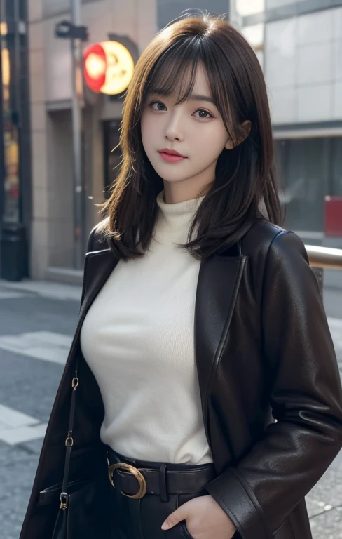 masterpiece, 1 beautiful girl, detailed, swollen eyes, Top quality, 超high resolution, (Reality: 1.4), original photo, 1 Girl, light, (a smile,:0.5) Japanese, Asian Beauty, Korean, appropriate, Very extremely beautiful, Slightly younger face, Beautiful Skin, slim, Cyberpunk Background, (超Reality主义), (Implications), (high resolution), (8K), (非常detailed), (The best Implicationsns), (Beautifully detailed eyes), (超detailed), (wallpaper), (detailed的脸), Looking at the audience, fine, Delicate face、Deep Shadows、Unobtrusive、Purebred face_v1、Side bangs、Face straight ahead、(Dark red high-neck low-cut knit top), Gold Buckle Belt, Black leather pants, ((Dark Brown Duffle Coat)),、Black eyes、