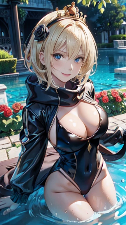the same,
Depicts only one woman,
Golden Hair,Wet hair texture,water droplets dripping from hair,
(Short Hair.05),Ashime,straight,
((Black Rose))Hair Accessories,Purple Necklace,
Natural skin texture,Big boobs,Narrow waist,Bring both arms together,
Slightly muscular body,
((((Black one piece dress)))),
Black scarf,
(((Black transparent jacket))),
Golden crown,
Neuschwanstein Castle,Garden of Roses,Are standing,Don't sit,
11:45 AM,half-immersed in water,
Slightly larger breasts,expression(smile),Hall々and attitude,White teeth,Wide open mouth,Narrow your eyes halfway,
blush,from the front,Sexy pose,Broken posture,
Natural depiction,
Beautiful depiction,
Shiny eyes,
Healthy Body,
Natural hairstyle,
Natural body contours,
Natural facial contours,
(Five fingers)Absolute depiction,Symmetrical fingers,
Two arms,
Two legs,
Sharp eyelid depiction,
Symmetrical eyes,Symmetrical eyes,
Keep the subject in the center,Expand the upper body,
Beautiful image quality,
Delicate shades,
4K,Very detailed,
Delicate light adjustment,
Delicate contour drawing,
Does not depict nipples,