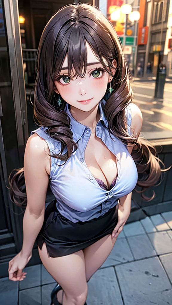 (masterpiece:1.2, Highest quality), (Realistic, photoRealistic:1.4), Beautiful illustrations, (Natural Side Lighting, Cinema Lighting), 
View your audience, Cowboy Shot, Front view:0.6, 1 Girl, Japanese, high school girl, Perfect Face, Cute and symmetrical face, Shiny skin, 
(Long Hair:1.8, Drill Hair:1.7, Dark brown hair), Hair between the eyes, Emerald green eyes, Long eyelashes, (Large Breasts:0.9, Thick thighs), 
Beautiful Hair, Beautiful Face, Beautiful attention to detail, Beautiful clavicle, Beautiful body, Beautiful breasts, Beautiful thighs, Beautiful legs, Beautiful fingers, 
((Light purple sleeveless collared shirt, Cleavage, Black tight mini skirt, High heels)), Pink Panties, 
(Beautiful views), evening, Riverside, walking, Please place your hand on your chest, (Cute Smile, Upward glance), 