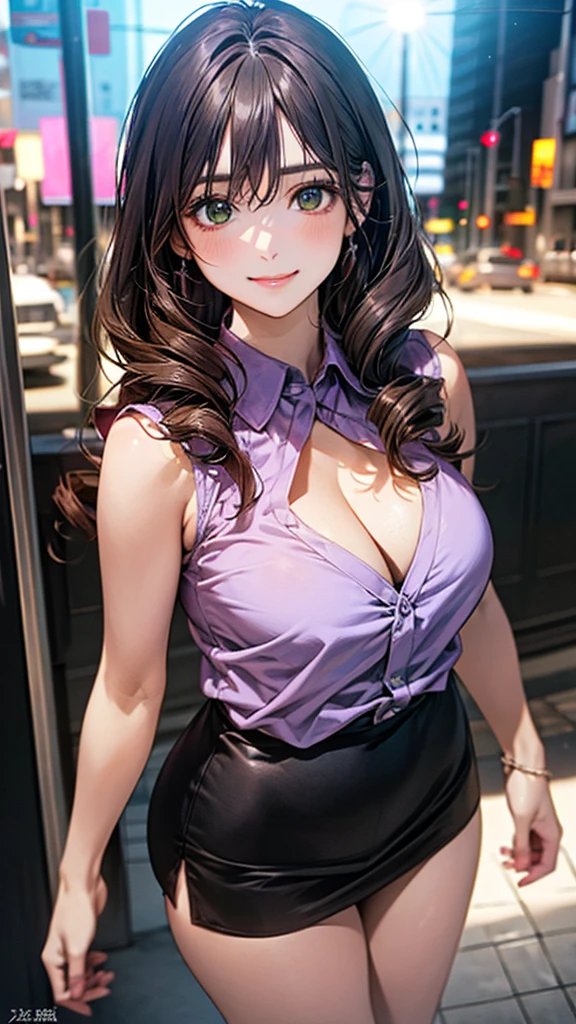 (masterpiece:1.2, Highest quality), (Realistic, photoRealistic:1.4), Beautiful illustrations, (Natural Side Lighting, Cinema Lighting),
View your audience, Cowboy Shot, Front view:0.6, 1 Girl, Japanese, high school girl, Perfect Face, Cute and symmetrical face, Shiny skin,
(Long Hair:1.8, Drill Hair:1.7, Dark brown hair), Hair between the eyes, Emerald green eyes, Long eyelashes, (Large Breasts:0.9, Thick thighs),
Beautiful Hair, Beautiful Face, Beautiful attention to detail, Beautiful clavicle, Beautiful body, Beautiful breasts, Beautiful thighs, Beautiful legs, Beautiful fingers,
((Light purple sleeveless collared shirt, Cleavage, Black tight mini skirt, High heels)), Pink Panties,
(Beautiful views), evening, Riverside, walking, Please place your hand on your chest, (Cute Smile, Upward glance),