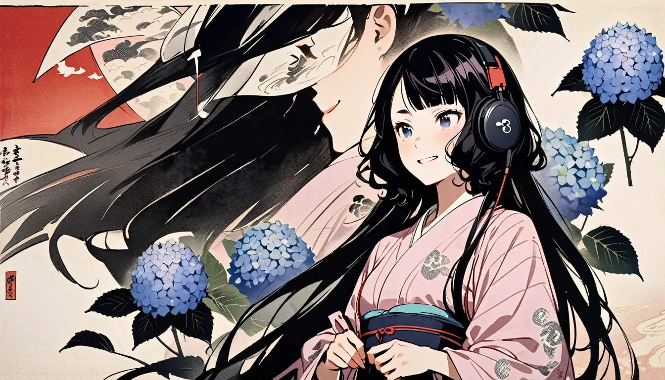 Highest quality, Katsushika Hokusai, Ink Painting, (((very straight longhair))), (((hydrangea))), (((Pale pink yukata))), headphone, beautiful girl, Black Hair, Delicate and precise, Modern ukiyo-e style, Laughs and Tears