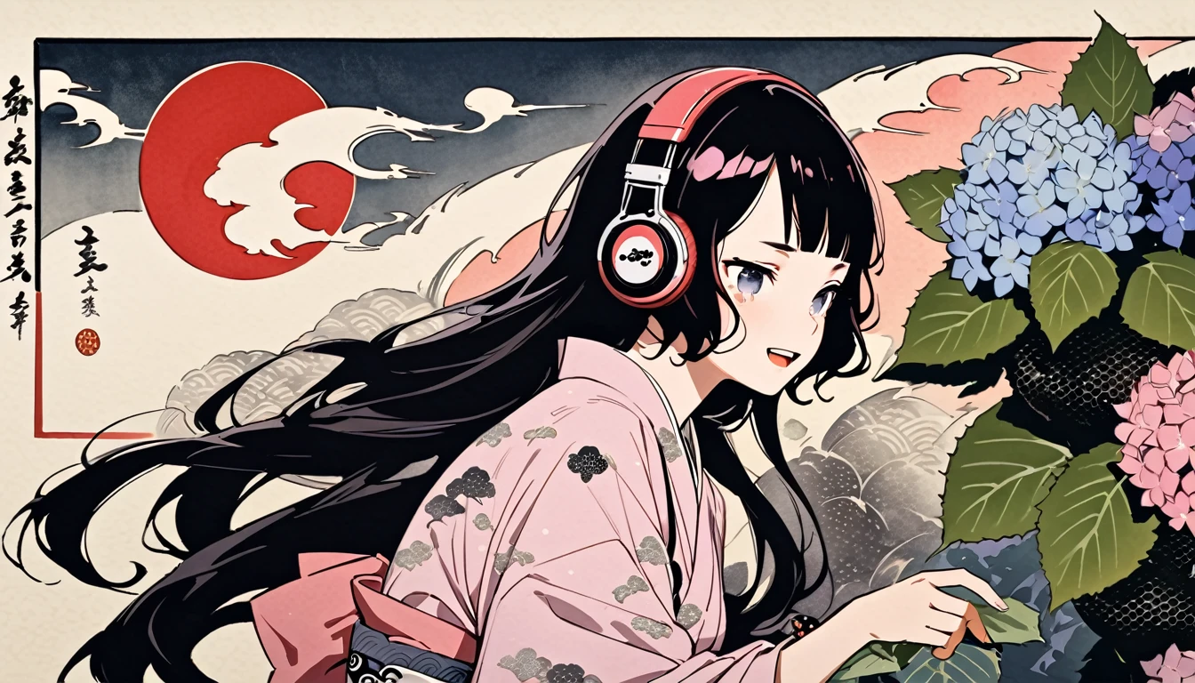 Highest quality, Katsushika Hokusai, Ink Painting, (((very straight longhair))), (((hydrangea))), (((Pale pink yukata))), headphone, beautiful girl, Black Hair, Delicate and precise, Modern ukiyo-e style, Laughs and Tears
