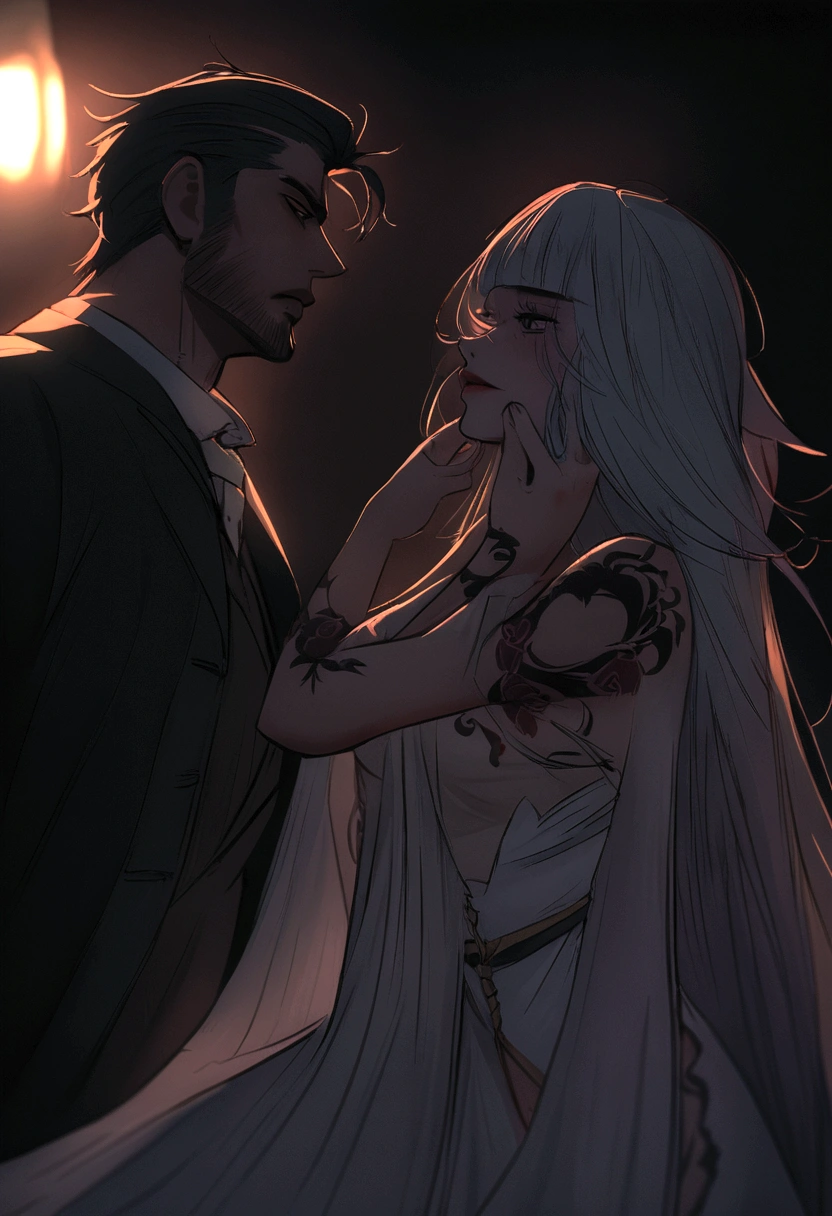 Tattoo girl, Very beautiful, killing intent, Handsome man, betrayal, irate, Dark background, 8K, Dynamic Wallpapers, Very delicate, Very dense
